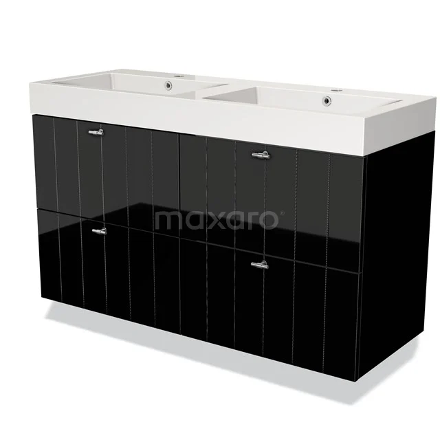 Black high-gloss black double basin vanity unit with white ceramic basin, perfect for a modern bathroom.