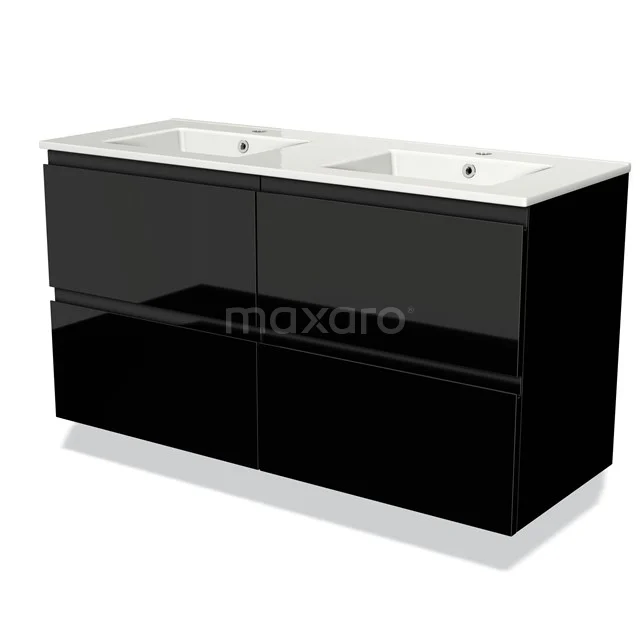 Modulo Bathroom furniture with sink | 120 cm High-gloss black Handle-less front Ceramic 4 drawers BMW18-00097 Black vanity unit with double sink, glossy finish, modern design, ideal for stylish bathroom decor.