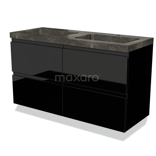 Modulo Bathroom furniture with sink | 120 cm High-gloss black Handle-less front Natural stone 4 drawers BMW18-00102 Sleek black Bathroom unit with marble basin, modern design and glossy finish, ideal for stylish bathrooms.