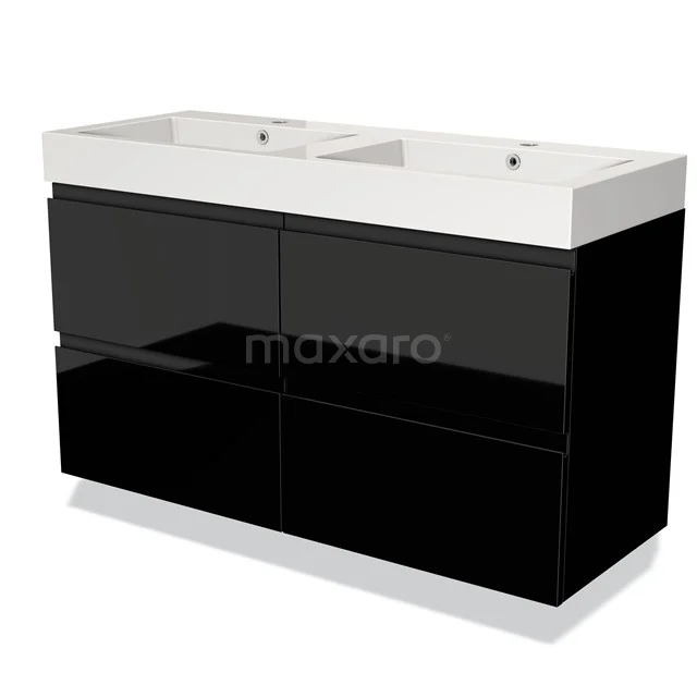 Modulo Vanity units with basin | 120 cm High-gloss black Handle-less front Mineral marble 4 drawers BMW18-00107 Black high-gloss bathroom unit with double basin, sleek design and spacious storage drawers, ideal for modern bathrooms.