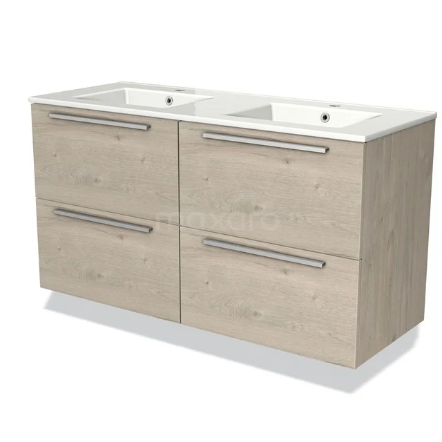 Holz Badmöbel mit Doppelwaschbecken, heller Eiche Optik, vier Schubladen und einem modernen Design für ein stilvolles Badezimmer.