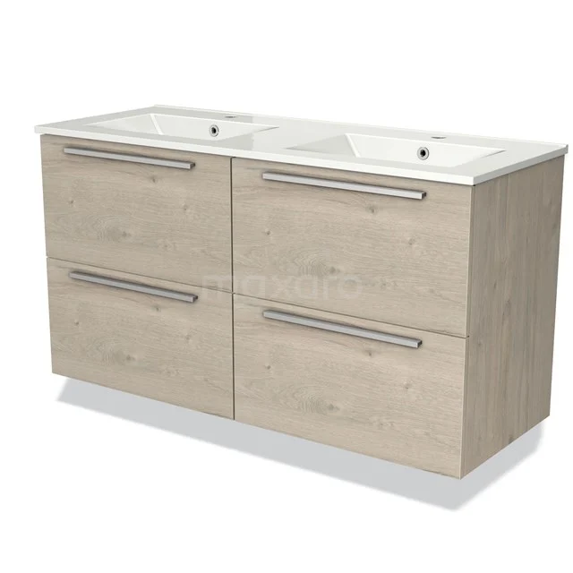 Modulo Bathroom furniture with sink | 120 cm Light grey oak Flat front Ceramic 4 drawers BMW18-00111 Wooden bathroom unit with double basin, four drawers and a light Oak finish, ideal for stylish bathroom storage.