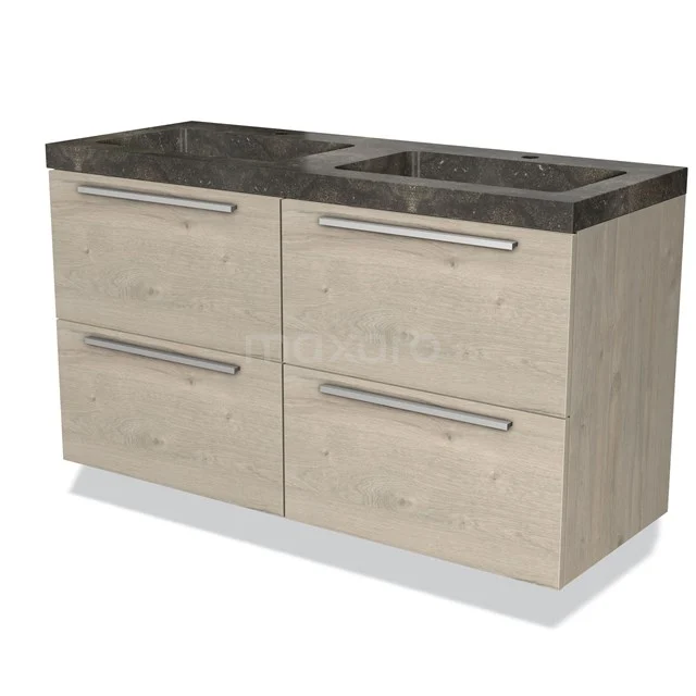 Badkamermeubel houtlook met donkere marmeren wastafel, 4 lades en RVS handgrepen, strak en modern design.