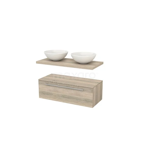 Wooden bathroom furniture set with 2 white countertop wash basins, modern design, oak look, ideal for stylish bathroom design.