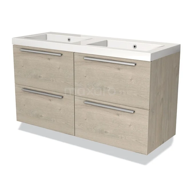 Holz-Badmöbel mit Doppelwaschbecken, vier Schubladen und silberfarbenen Haltegriffen, ideal für moderne Bäder.