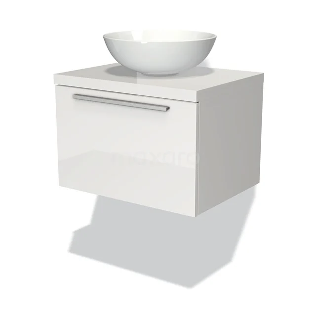 Weißes schwebendes Badezimmermöbel mit glänzendem Schublade, chromfarbener Haltegriff und runder keramischer Aufsatzwaschbecken, modernes Design.