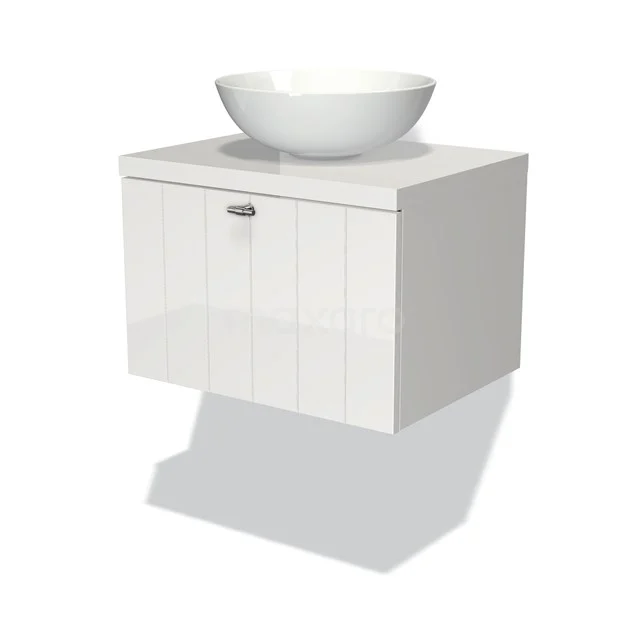 White hanging bathroom unit with ceramic round countertop wash basin, compact design, modern and suitable for small bathrooms.