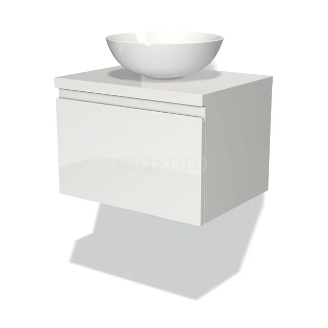 Waschtischunterschrank mit Konsole 60cm Modulo Plato Hochglanz Weiß 1 Schublade grifflos BMK11-00003 Weißes schwebendes Badmöbel mit Hochglanz-Oberfläche und rundem Aufsatzwaschbecken, ideal für einen modernen Badezimmerstil.