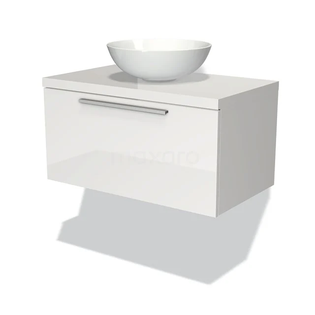 Waschtischunterschrank mit Konsole 80cm Modulo Plato Hochglanz Weiß 1 Schublade Flach BMK11-00004 Weißes schwebendes Badmöbel mit keramischem Aufsatzwaschbecken, glänzender Oberfläche und metallischem Haltegriff, ideal für moderne Bäder.