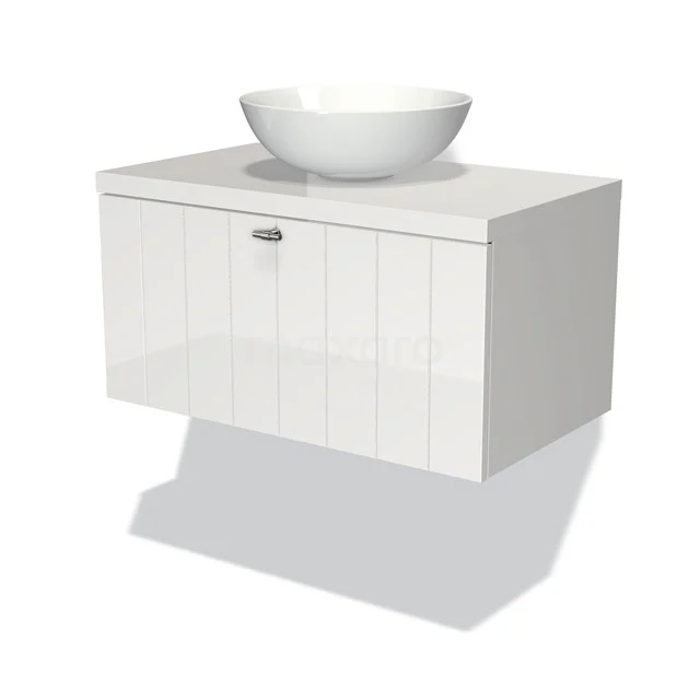 Weißes schwebendes Badezimmermöbel mit eingebauter Schublade und runder, porzellanartiger Schüssel, ideal für eine moderne Badezimmergestaltung.