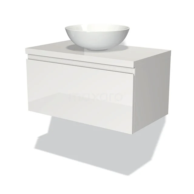 Weißes Wandmöbel mit glänzender Oberfläche und rundem Aufsatzwaschbecken, perfekt für ein modernes Badezimmer.