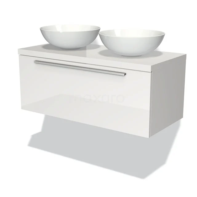 Weißes schwebendes Badmöbel mit doppeltem rundem Waschbecken, glänzender Oberfläche und metallischem Haltegriff.