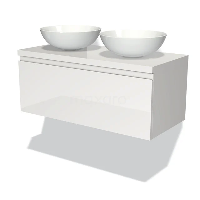 Waschtischunterschrank mit Konsole 100cm Modulo Plato Hochglanz Weiß 1 Schublade grifflos BMK11-00009 Weißes schwebendes Badmöbel mit Hochglanzoberfläche und zwei keramischen runden Aufsatzwaschbecken, modernes und elegantes Design.