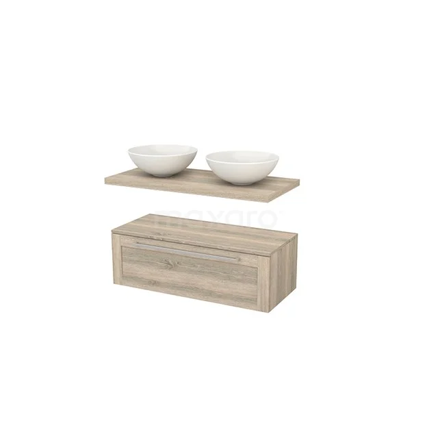 Wooden bathroom furniture set with double white countertop wash basins, sleek look and practical storage space.