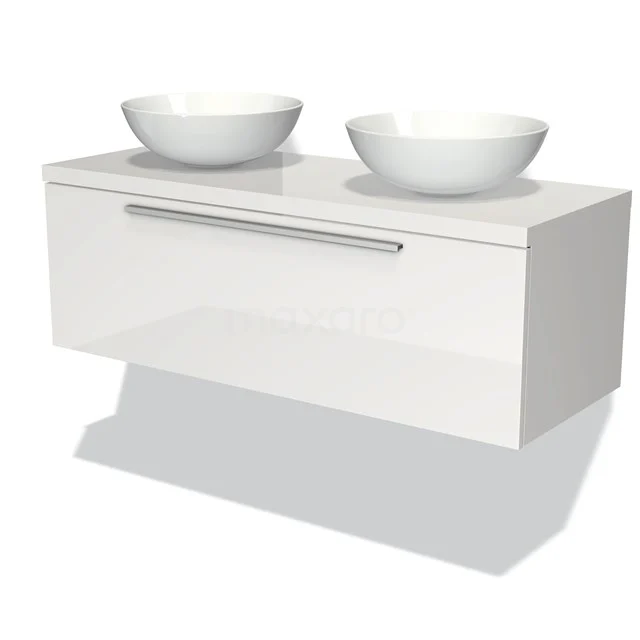 Weißes schwebendes Badezimmermöbel mit doppelten komförmigen Waschbecken, modernes Design und schmalem metallenen Haltegriff.