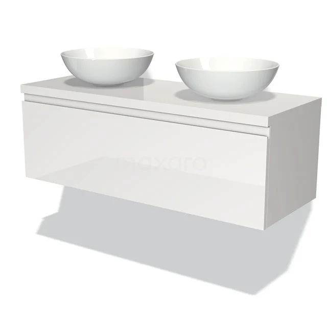 Modulo Plato Vanity units for countertop basin | 120 cm High-gloss white Handle-less front High-gloss white worktop 1 drawer BMK11-00012 White double vanity unit with modern oval ceramic countertop wash basins and glossy finish for a stylish bathroom.