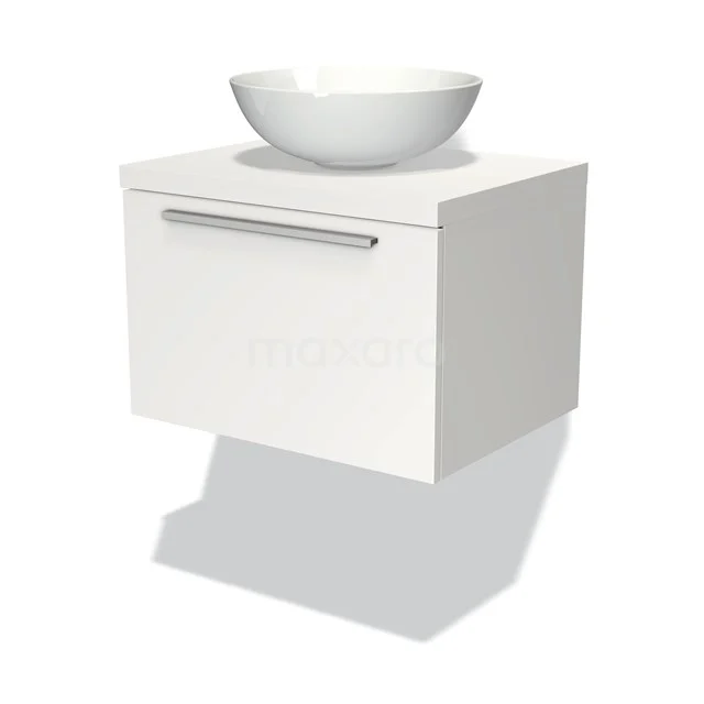 Weißes schwebendes Badezimmermöbel mit Schublade und runder keramischer Aufsatzwaschbecken, modernes Design mit Chrom Haltegriff.