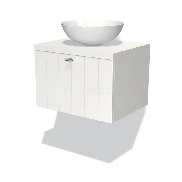 Modulo Plato Vanity units for countertop basin | 60 cm Matte white Slat front Matte white worktop 1 drawer BMK11-00014 White wall-mounted bathroom unit with round ceramic countertop wash basin, featuring drawers with modern handle.