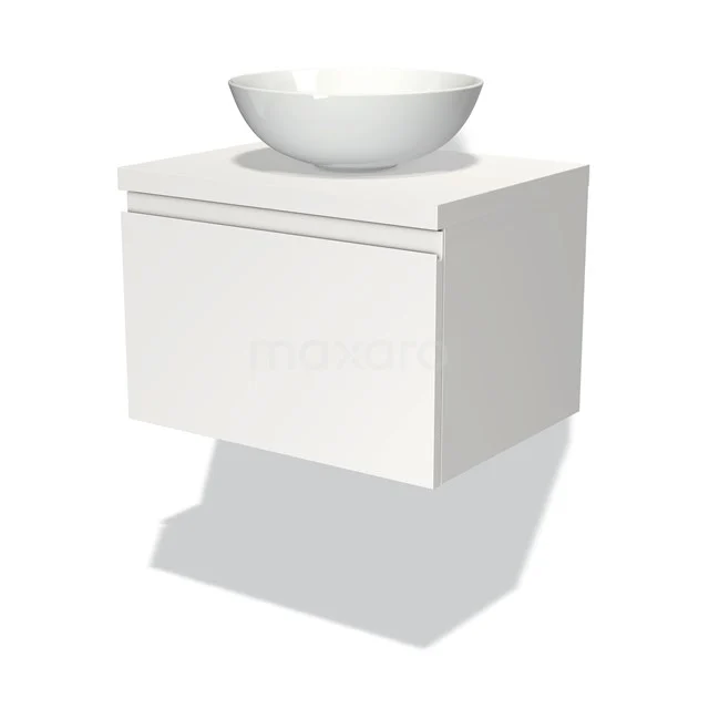 Badmöbel mit Konsole 60cm Modulo Plato Matt Weiß 1 Schublade Grifflos BMK11-00015 Weißes schwebendes Badmöbel mit keramischem Aufsatzwaschbecken, minimalistisches Design, ideal für einen modernen Badezimmerstil.