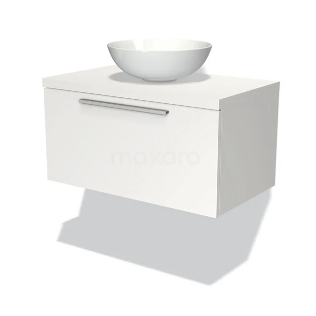 Weißes schwebendes Badmöbel mit einer Schublade und einem runden keramischen Aufsatzwaschbecken, ideal für einen modernen Badezimmerstil.