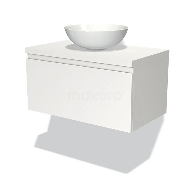 Badmöbel mit Konsole 80cm Modulo Plato Matt Weiß 1 Schublade grifflos BMK11-00018 Weißes schwebendes Badmöbel mit einem modernen Aufsatzwaschbecken aus Keramik, ideal für ein stilvolles und minimalistisches Badezimmer.
