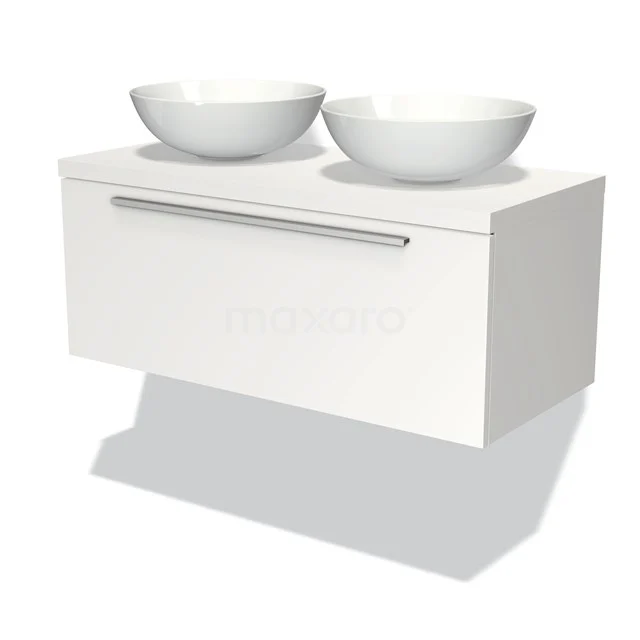 Weiße Badmöbelset mit doppeltem Aufsatzwaschbecken, schlankem Design und schwebender Form, ideal für moderne Bäder.