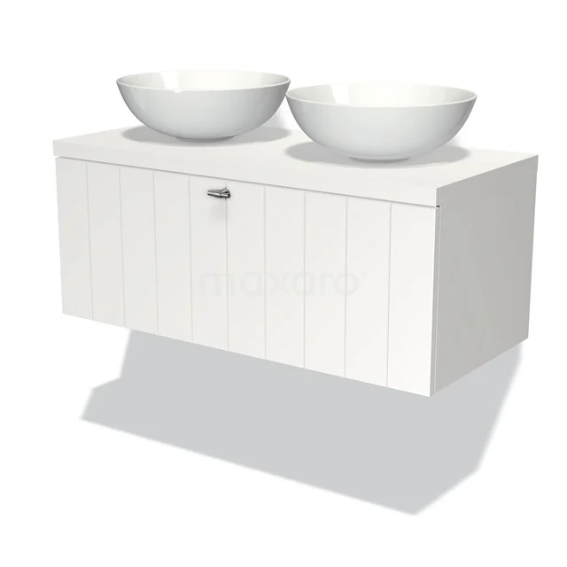 White bathroom unit with two round basins, modern wall unit design with vertical grooves for a stylish bathroom.