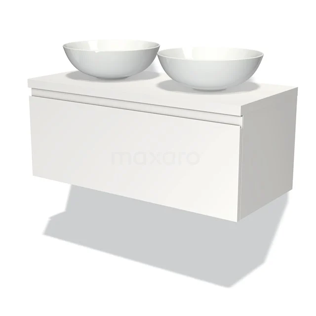 Weiße schwebende Badmöbelset mit zwei runden Aufsatzwaschbecken, modernes Design und Softclose-Schublade.