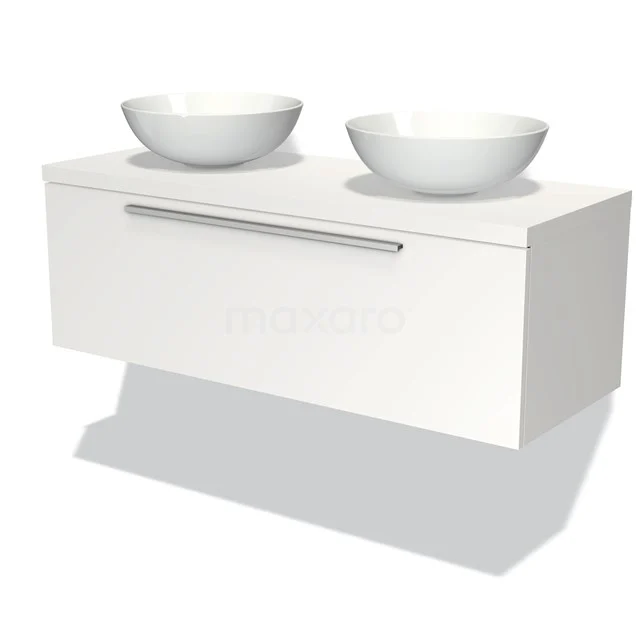 White wall-mounted bathroom cabinet with two round basins, minimalist design and stainless steel handle.