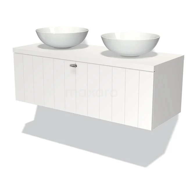 Modulo Plato Vanity units for countertop basin | 120 cm Matte white Slat front Matte white worktop 1 drawer BMK11-00023 White wooden bathroom unit with two ceramic countertop wash basins, sleek paneled design, ideal for modern bathrooms.