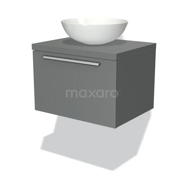 Waschtischunterschrank mit Konsole 60cm Modulo Plato Mittelgrau 1 Schublade Flach BMK11-00025 Grauer hängender Badschrank mit verchromtem Haltegriff und rundem weißen Aufsatzwaschbecken, ideal für moderne Bäder.