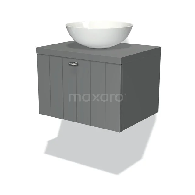 Graues Holz-Badmöbel mit einem weißen ovalen Aufsatzwaschbecken und Stauraum, ideal für einen modernen Badezimmerstil.