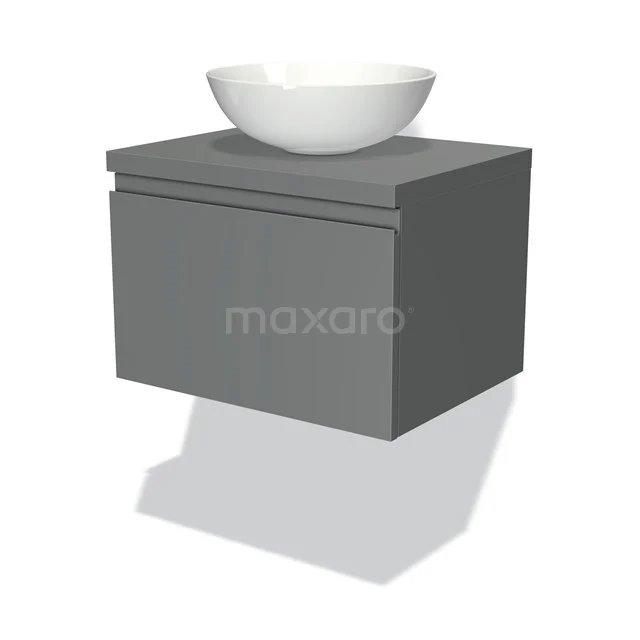 Badmöbel für Waschtischunterschrank mit Konsole 60cm Modulo Plato Mittelgrau 1 Schublade grifflos BMK11-00027 Graues hängendes Badezimmermöbel mit keramischem weißen Aufsatzwaschbecken, schickes Design für moderne Badezimmergestaltung.