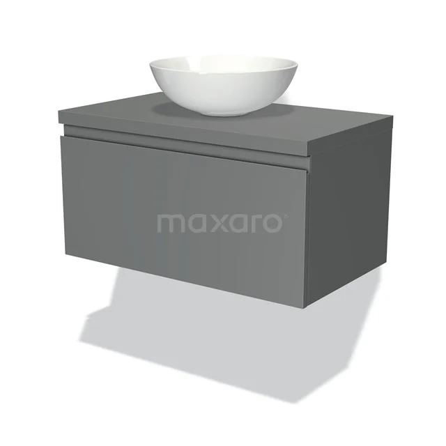 Graues hängendes Badmöbel mit keramischem Aufsatzwaschbecken, schlankes Design und minimalistische Ausstrahlung für moderne Bäder.