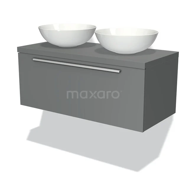 Graues schwebendes Badmöbel mit zwei weißen runden Aufsatzwaschbecken, moderne Optik und klares Design, ideal für stilvolle Bäder.