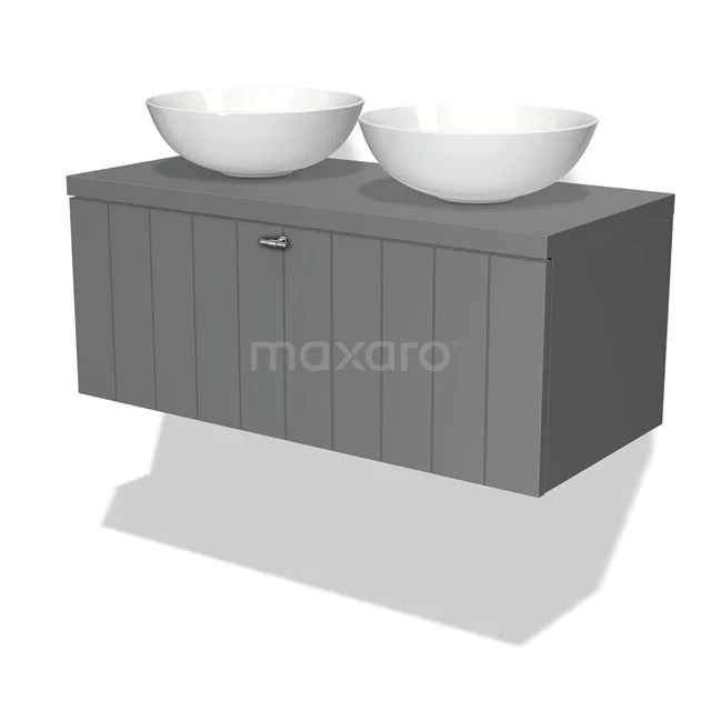 Grauer hängender Badschrank mit Holzmaserung, ausgestattet mit zwei weißen Aufsatzwaschbecken, modernes Design für stilvolle Bäder.