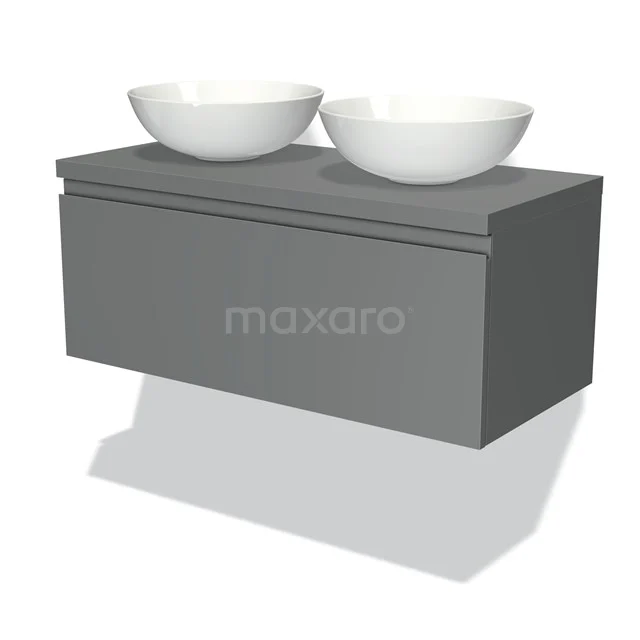 Badmöbel mit Konsole 100cm Modulo Plato Mittelgrau 1 Schublade grifflos BMK11-00033 Graues hängendes Badmöbel mit zwei weißen Aufsatzwaschbecken, modernes Design und klare Verarbeitung für ein stilvolles Badezimmer.