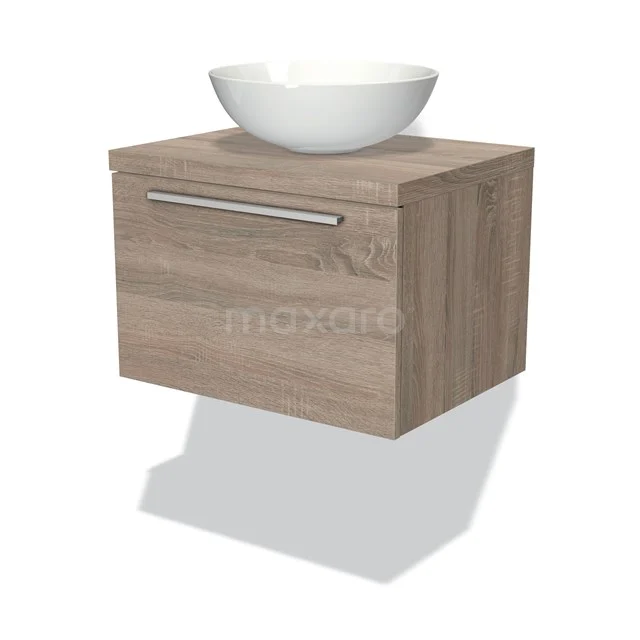 Holz-Badmöbel mit Schublade, einschließlich weißem Aufsatzwaschbecken. Kompaktes Design, ideal für moderne Bäder.