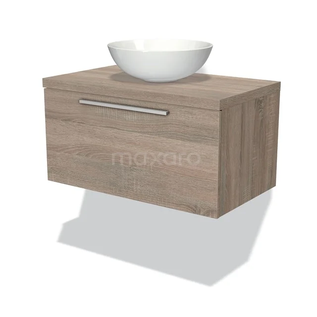 Waschtischunterschrank mit Konsole 80cm Modulo Plato Eiche 1 Schublade Flach BMK11-00039 Holz schwebendes Badezimmermöbel mit Schublade, metallischem Haltegriff und weißem keramischen Aufsatzwaschbecken, modernes und funktionales Design.