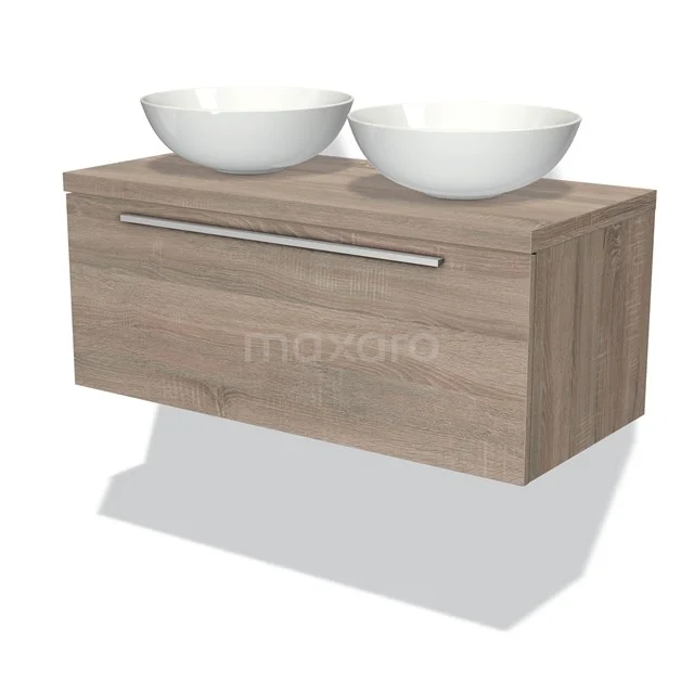 Hölzernes Badezimmermöbel mit zwei weißen Aufsatzwaschbecken, modernem Design und metallischem Haltegriff, perfekt für ein stilvolles Badezimmer.