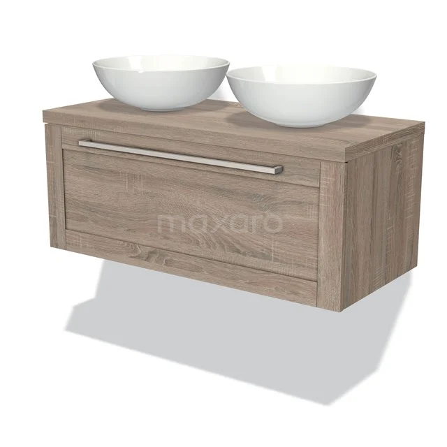 Bathroom unit wood-look with drawers, double round basins in white ceramic, modern hanging cabinet for stylish bathroom furnishings.