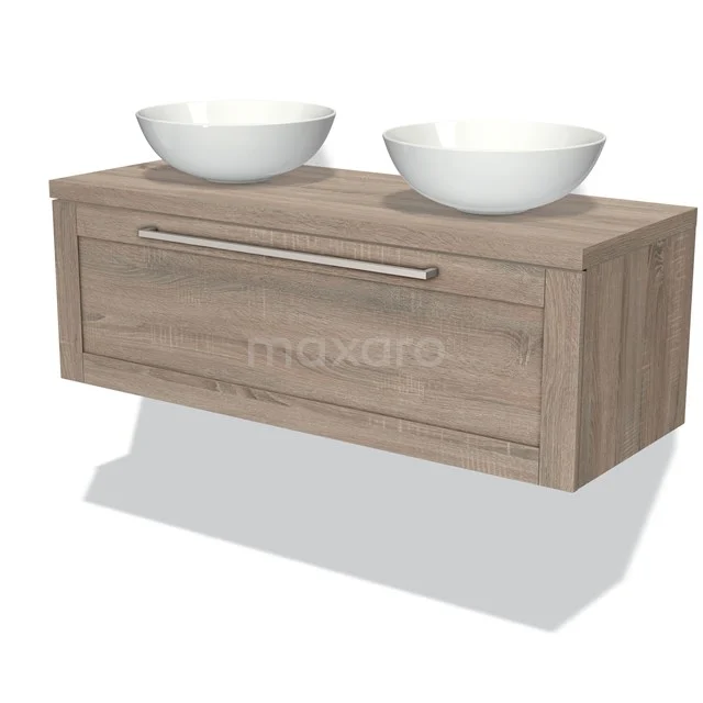 Modulo Plato Badmöbel mit Aufsatzwaschbecken | 120 cm Eiche Rahmen front Eiche blatt 1 Schublade BMK11-00044 Holz Badezimmermöbel mit zwei weißen Aufsatzwaschbecken und Schublade, modernes Design aus Premium Eiche Serie.