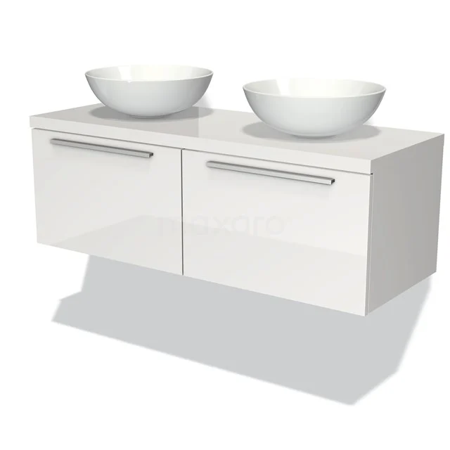 Weißes schwebendes Badezimmermöbel mit zwei runden Aufsatzwaschbecken, Hochglanzoberfläche und schlichten chromfarbenen Haltegriffen.