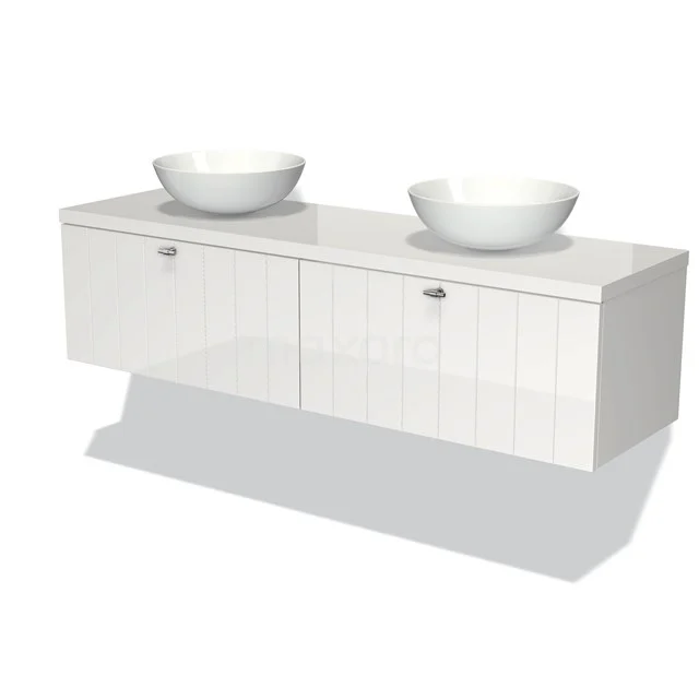 Modulo Plato Badmöbel mit Aufsatzwaschbecken | 160 cm Hochglanz Weiß Lamelle front Hochglanz Weiß blatt 2 nebeneinanderliegende Schubladen BMK12-00005 Weiße Badmöbelset mit doppelten keramischen Aufsatzwaschbecken, schwebendem Design und glänzender Oberfläche, ideal für moderne Bäder.