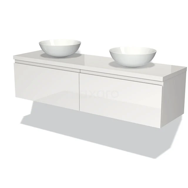 Weiße schwebende Badmöbelset mit doppelten Aufsatzwaschbecken, Hochglanz-Finish und modernem Design.