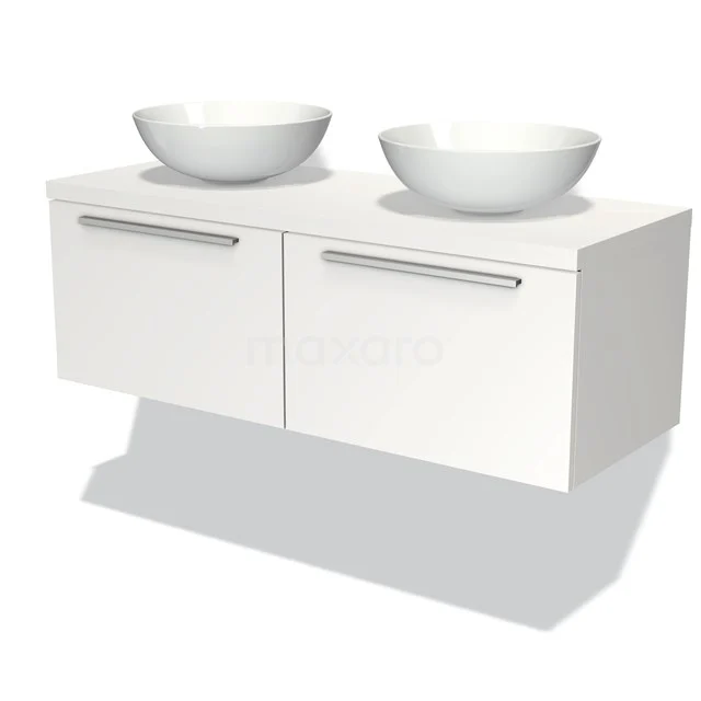 Badmöbelunterschrank mit Konsole 120cm Modulo Plato Matt Weiß 2 Schubladen Flach BMK12-00007 Weißes Badezimmermöbel mit doppeltem Aufsatzwaschbecken, schlankes Design, hängendes Modell und glatte Schubladen für moderne Badezimmergestaltung.