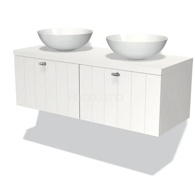 White double vanity unit with wood-look cabinet, two round top wash bowls, ideal for a modern bathroom design.