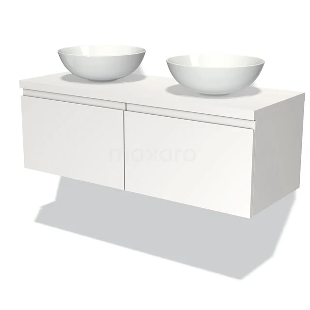 Weißes hängendes Badmöbel mit zwei runden Aufsatzwaschbecken, modernes Design, Hochglanz-Oberfläche, ideal für moderne Bäder.