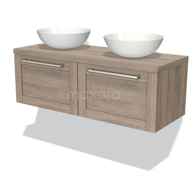Modulo Plato Vanity units for countertop basin | 120 cm Oak Frame front Oak worktop 2 Side-by-side drawers BMK12-00020 Wooden bathroom unit with two white countertop wash basins, modern design, hanging model and practical storage drawers.