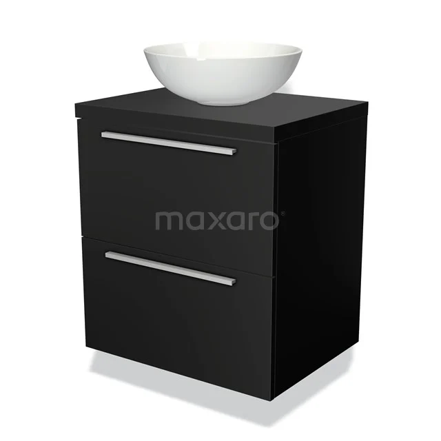 Zwart badkamermeubel met witte komvormige wasbak, modern design, twee ladegrepen en elegante afwerking voor stijlvolle badkamers.